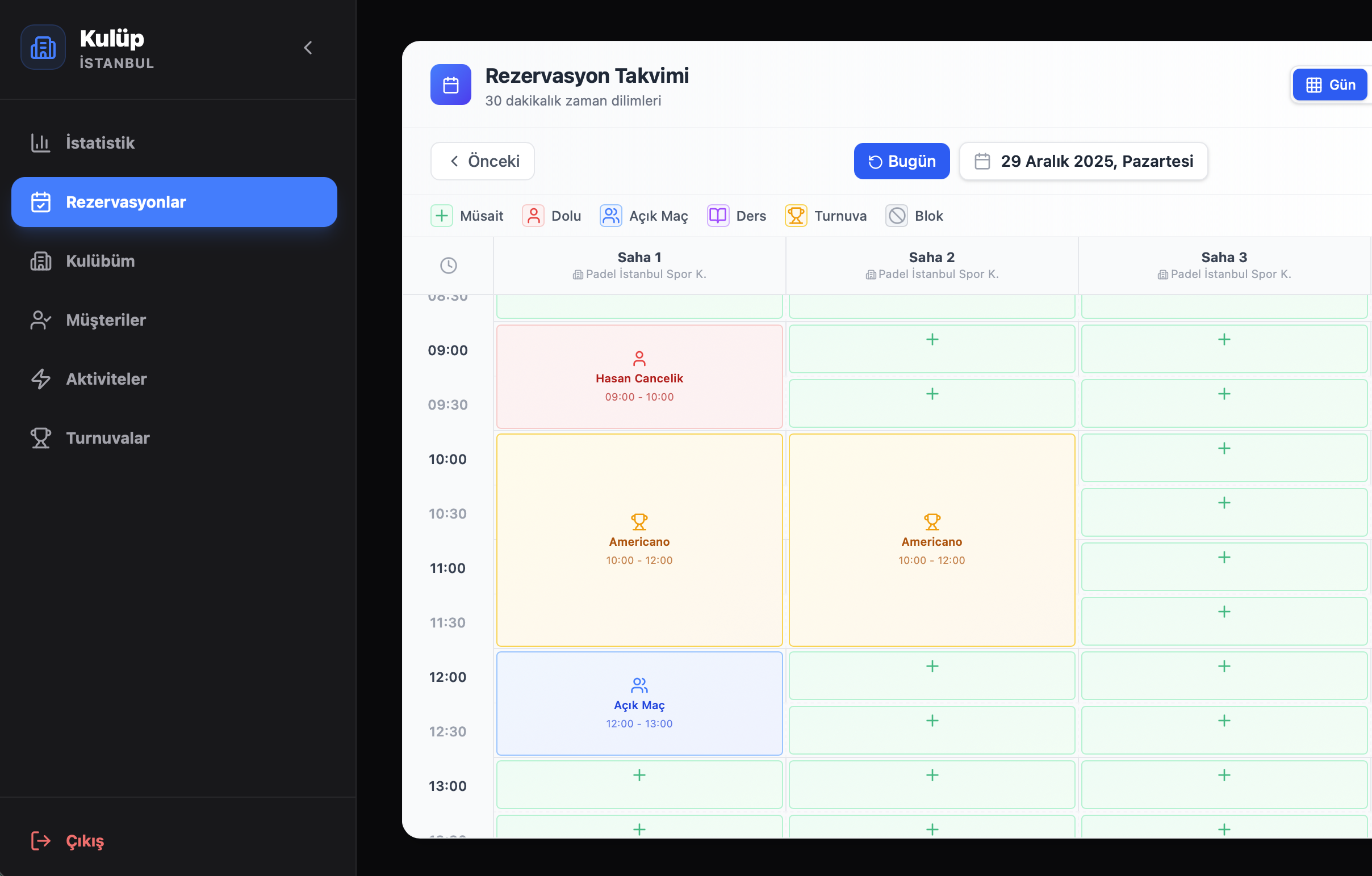 Padeldost Kulüp Paneli - Rezervasyon Takvimi